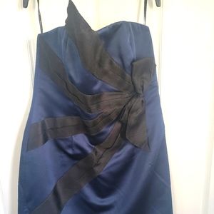 Strapless navy blue satin mini dress